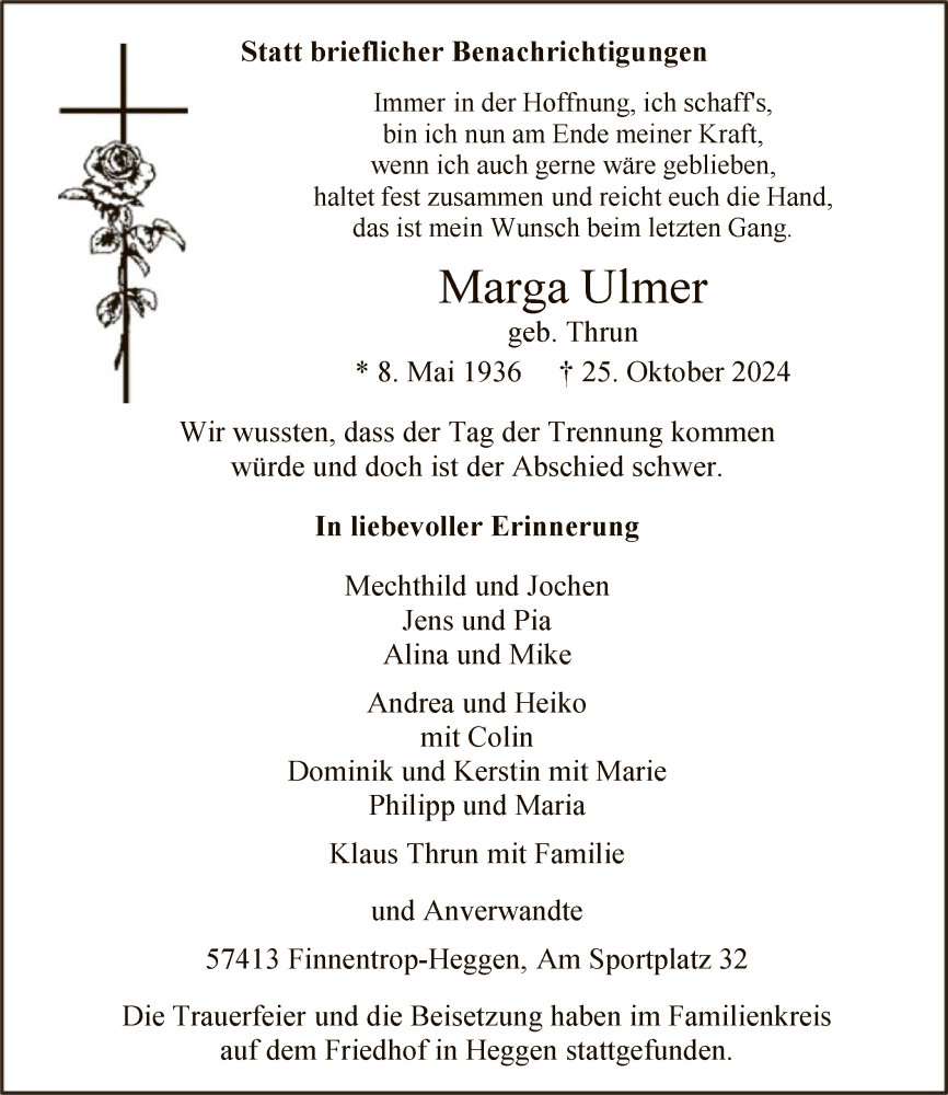  Traueranzeige für Marga Ulmer vom 09.11.2024 aus WA