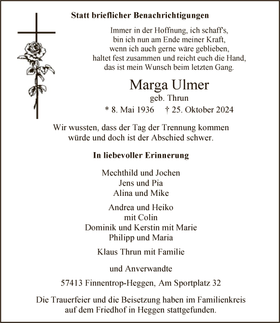 Traueranzeige von Marga Ulmer von WA