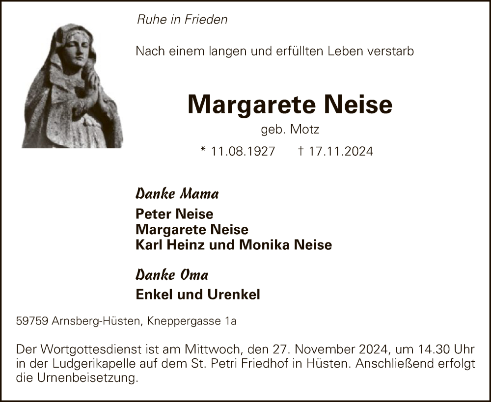  Traueranzeige für Margarete Neise vom 23.11.2024 aus WA