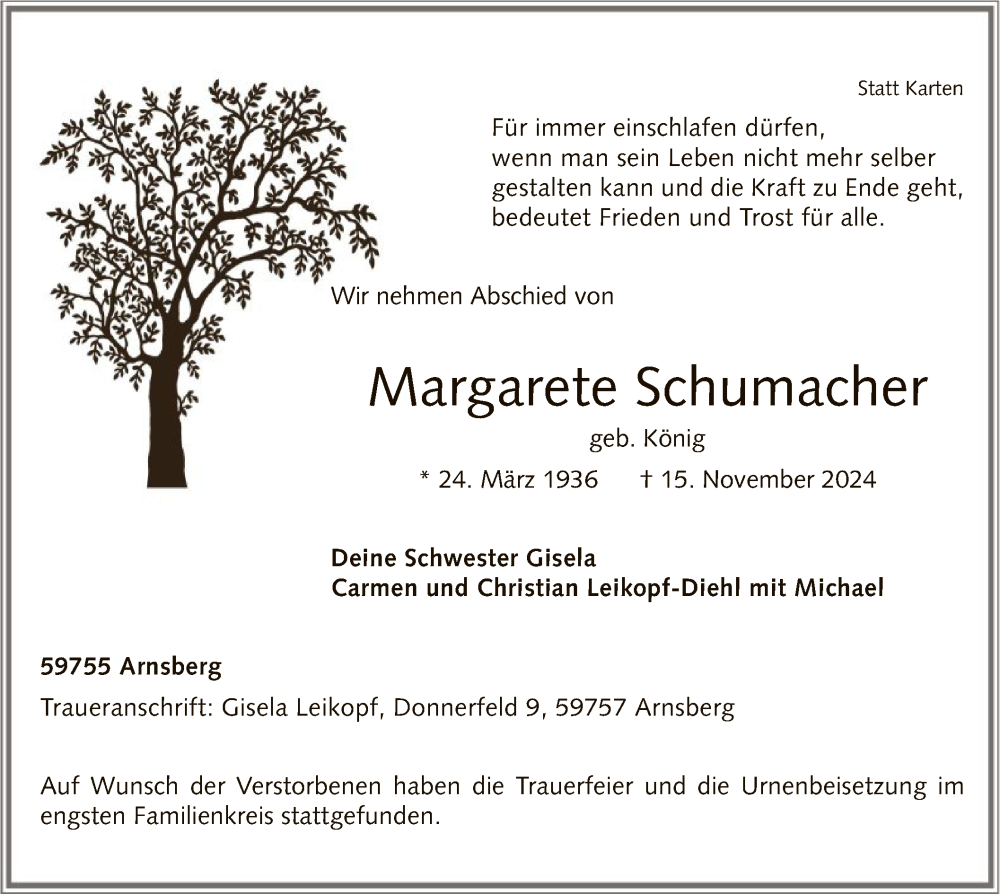  Traueranzeige für Margarete Schumacher vom 30.11.2024 aus WA