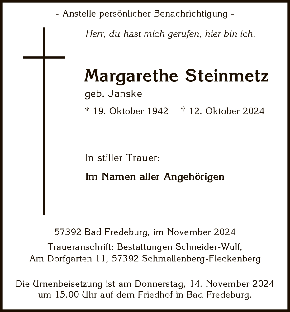  Traueranzeige für Margarethe Steinmetz vom 09.11.2024 aus WA