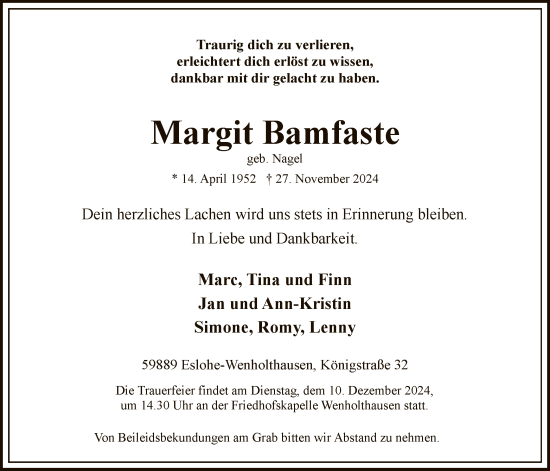 Traueranzeige von Margit Bamfaste von WA