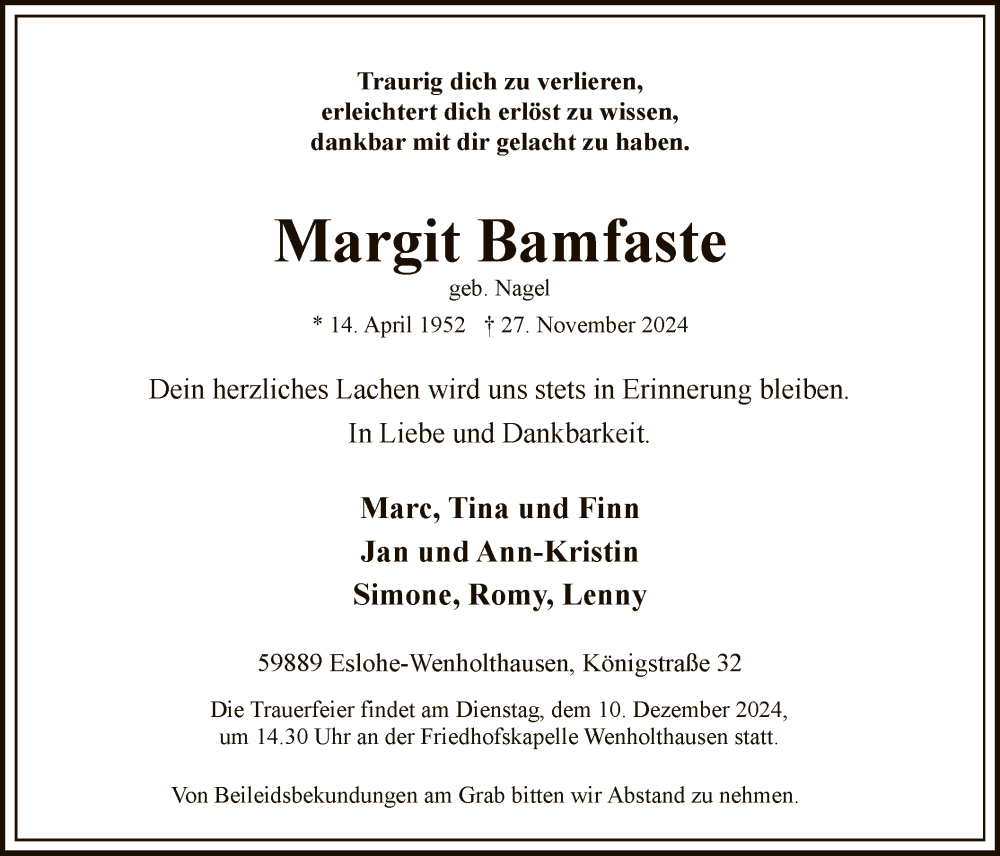  Traueranzeige für Margit Bamfaste vom 30.11.2024 aus WA