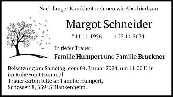 Traueranzeige von Margot Schneider von WA