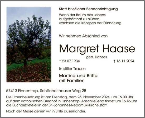 Traueranzeige von Margret Haase von WA