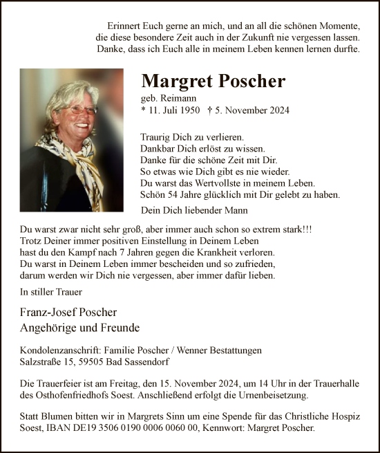 Traueranzeige von Margret Poscher von WA
