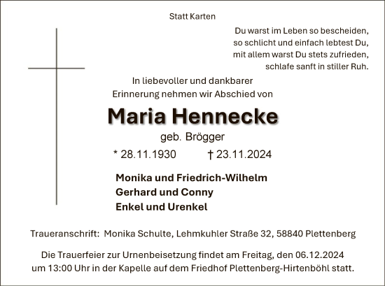 Traueranzeige von Maria Hennecke von WA