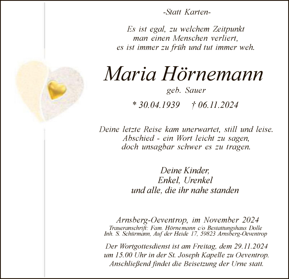  Traueranzeige für Maria Hörnemann vom 23.11.2024 aus WA