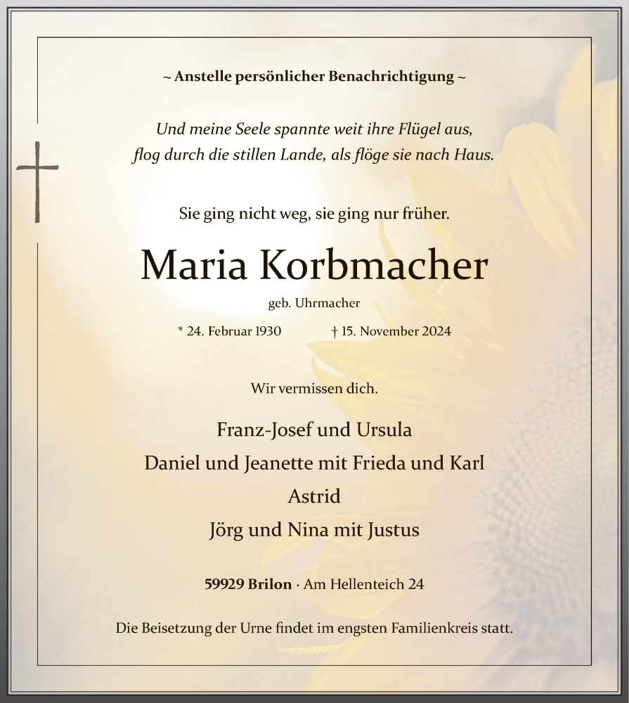  Traueranzeige für Maria Korbmacher vom 23.11.2024 aus WA