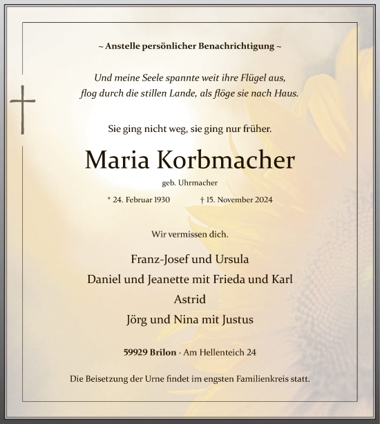 Traueranzeige von Maria Korbmacher von WA