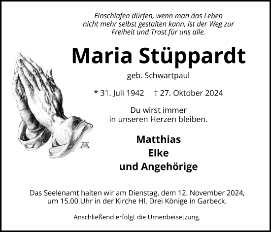 Traueranzeige von Maria Stüppardt von WA