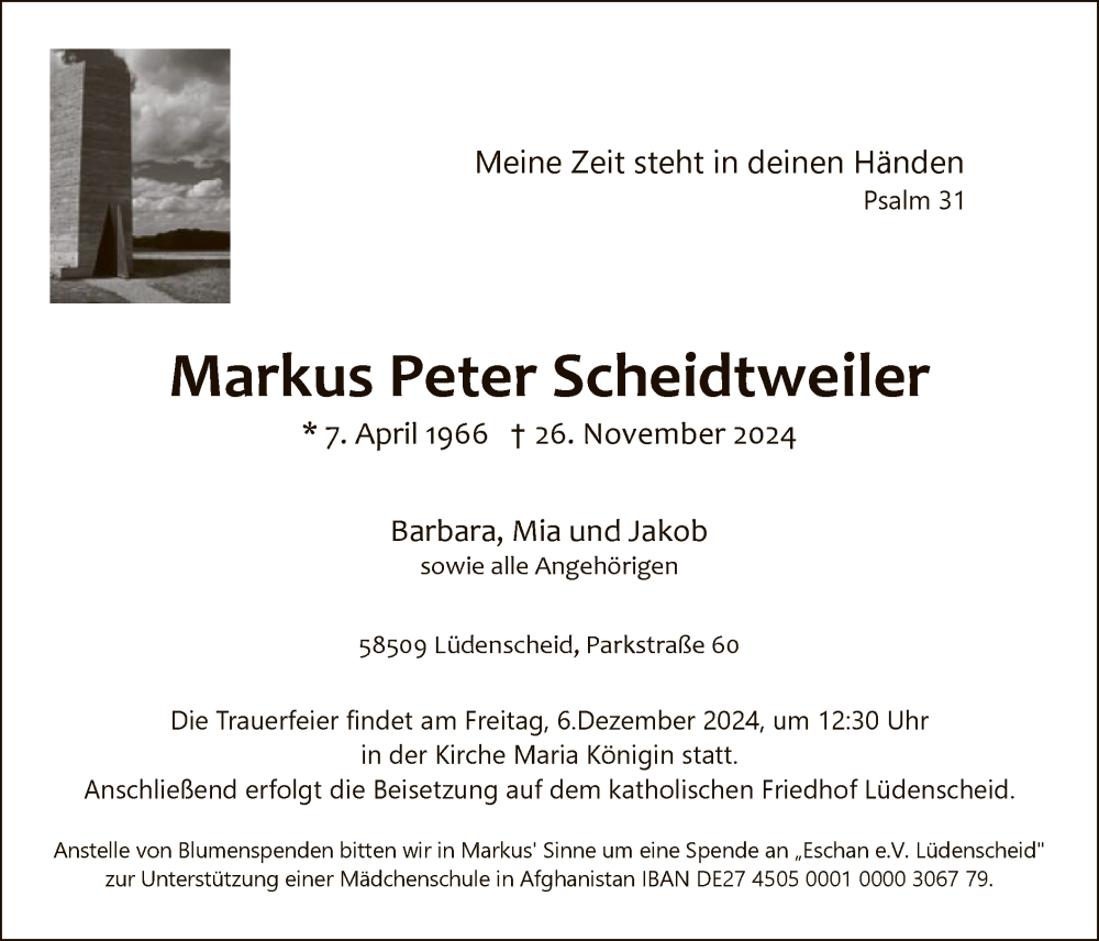  Traueranzeige für Markus Peter Scheidtweiler vom 30.11.2024 aus WA