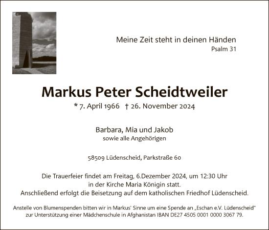 Traueranzeige von Markus Peter Scheidtweiler von WA