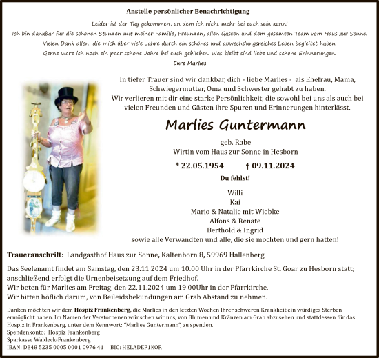 Traueranzeige von Marlies Guntermann von WA