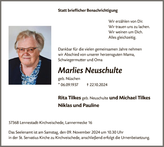 Traueranzeige von Marlies Neuschulte von WA