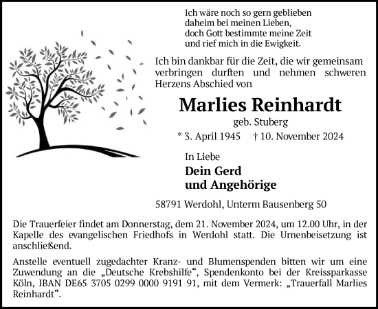 Traueranzeige von Marlies Reinhardt von WA
