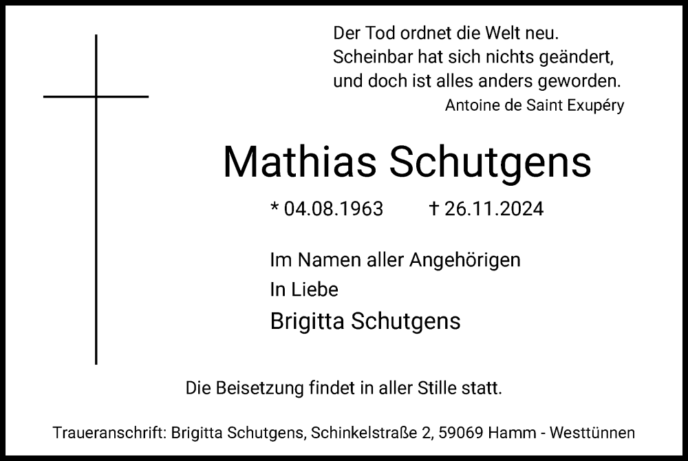  Traueranzeige für Mathias Schutgens vom 30.11.2024 aus WA