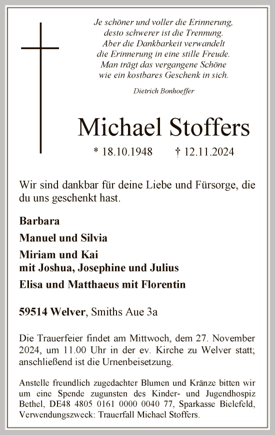 Traueranzeige von Michael Stoffers von WA