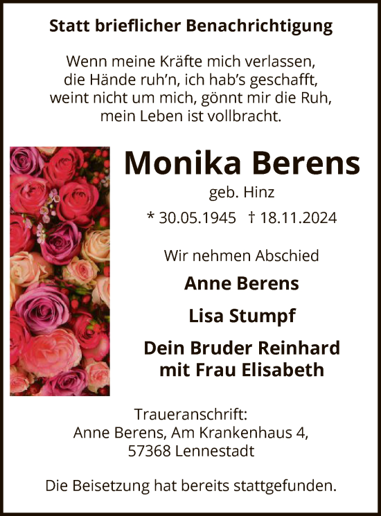 Traueranzeige von Monika Berens von WA
