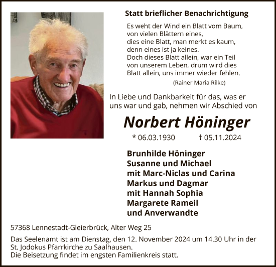 Traueranzeige von Norbert Höninger von WA