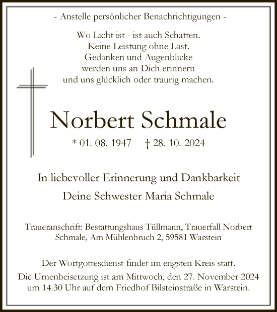 Traueranzeige von Norbert Schmale von WA