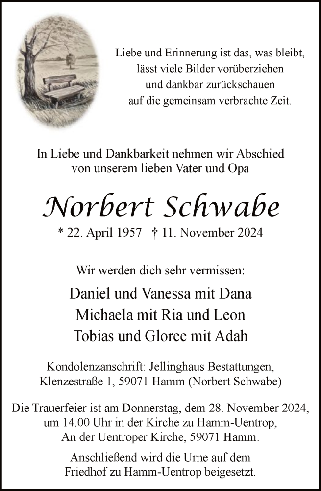  Traueranzeige für Norbert Schwabe vom 23.11.2024 aus WA