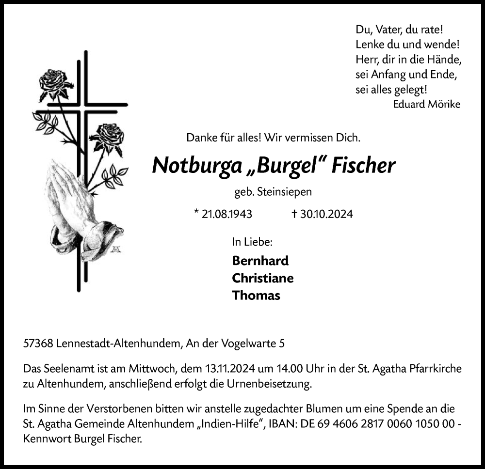  Traueranzeige für Notburga Fischer vom 09.11.2024 aus WA