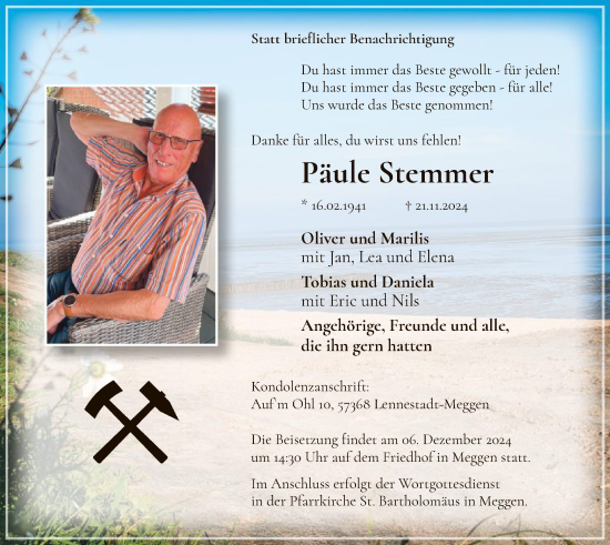 Traueranzeige von Päule Stemmer von WA