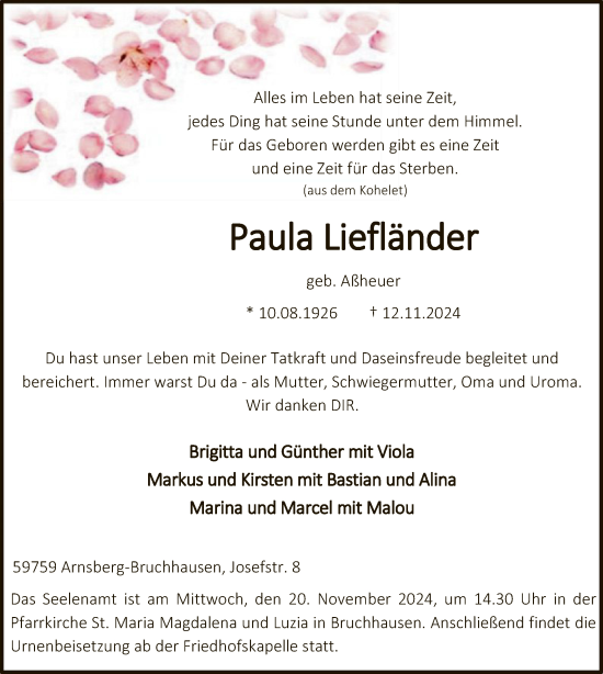 Traueranzeige von Paula Liefländer von WA