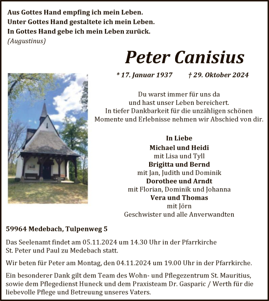 Traueranzeige von Peter Canisius von WA