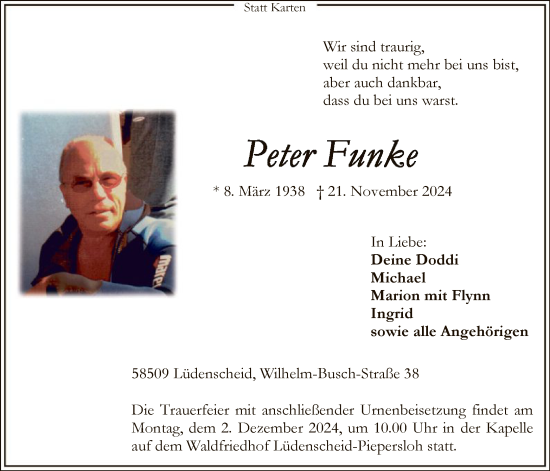 Traueranzeige von Peter Funke von WA