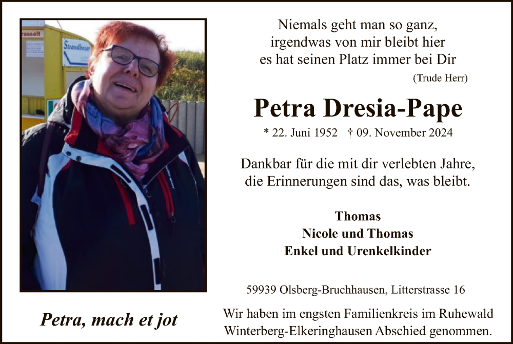  Traueranzeige für Petra Dresia-Pape vom 23.11.2024 aus WA