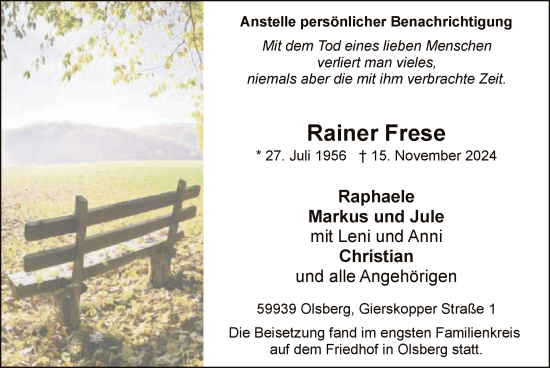 Traueranzeige von Rainer Frese von WA