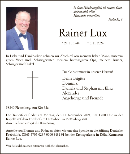 Traueranzeige von Rainer Lux von WA