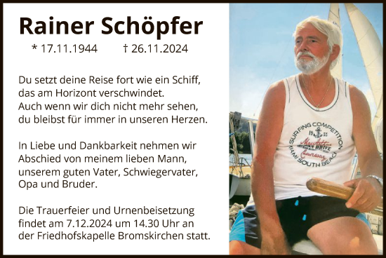 Traueranzeige von Rainer Schöpfer von WA