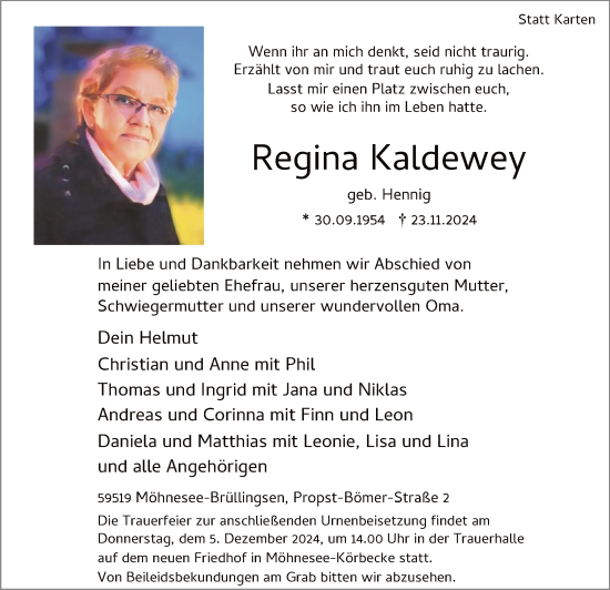 Traueranzeige von Regina Kaldewey von WA