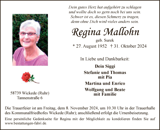 Traueranzeige von Regina Mallohn von WA