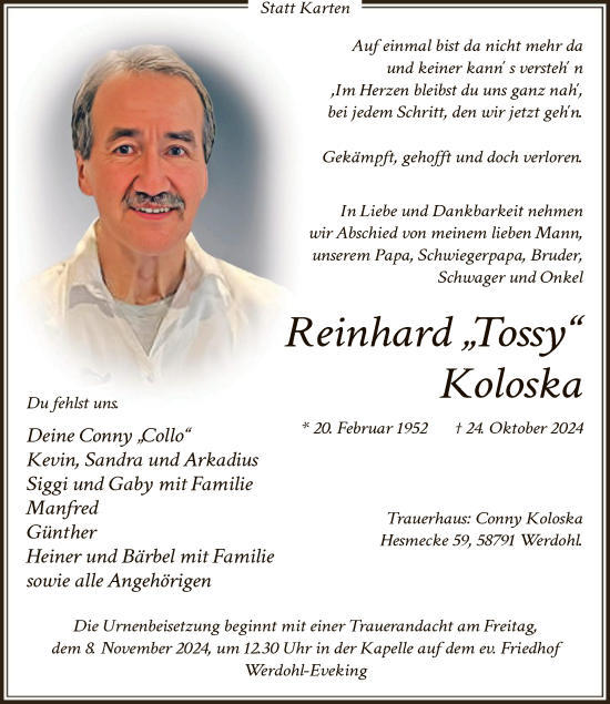Traueranzeige von Reinhard Koloska von WA