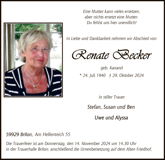 Traueranzeige von Renate Becker von WA