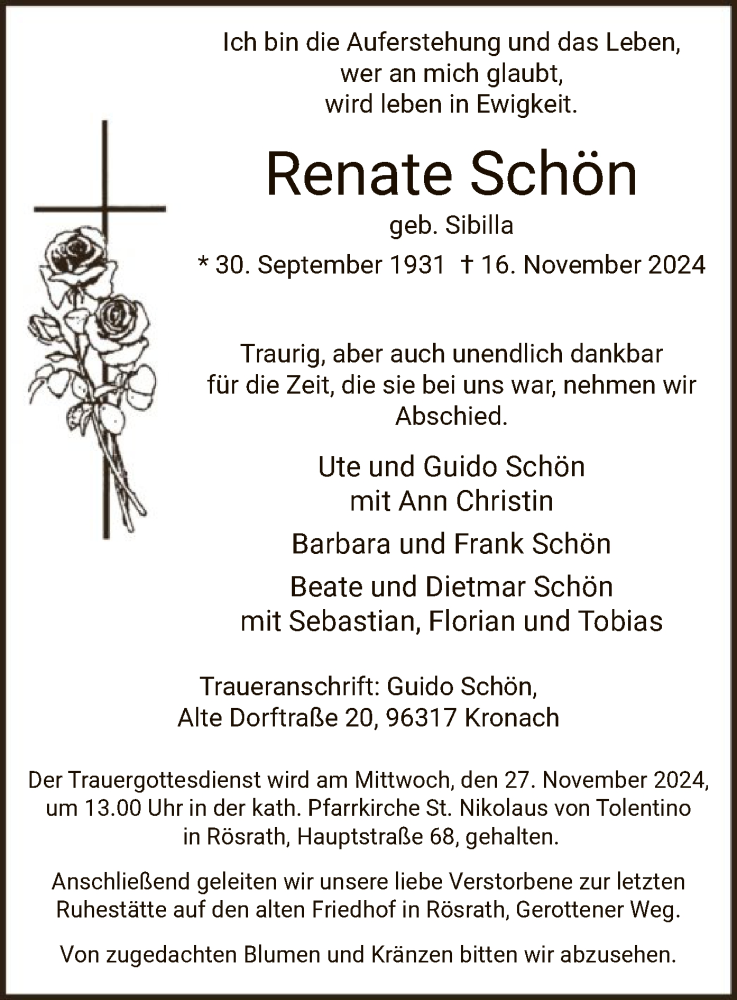  Traueranzeige für Renate Schön vom 23.11.2024 aus WA