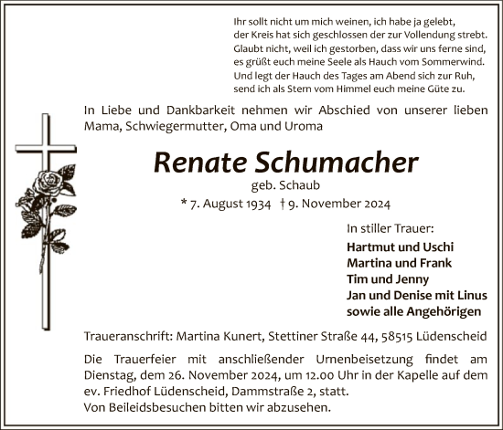 Traueranzeige von Renate Schumacher von WA