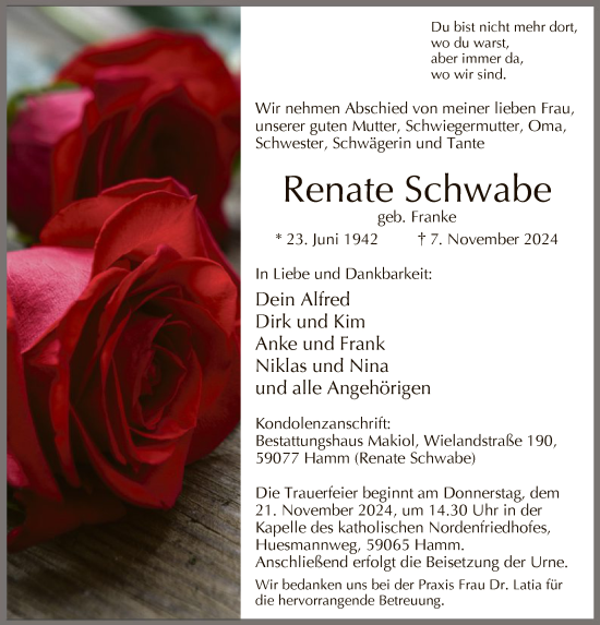 Traueranzeige von Renate Schwabe von WA