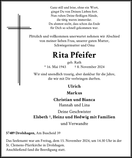Traueranzeige von Rita Pfeifer von WA