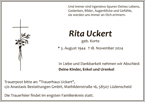 Traueranzeige von Rita Uckert von WA