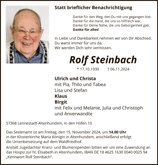 Traueranzeige von Rolf Steinbach von WA