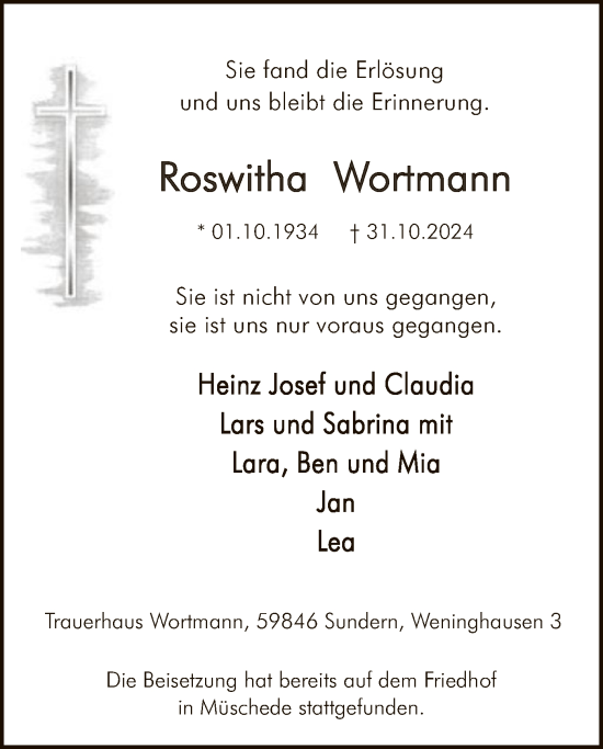 Traueranzeige von Roswitha Wortmann von WA