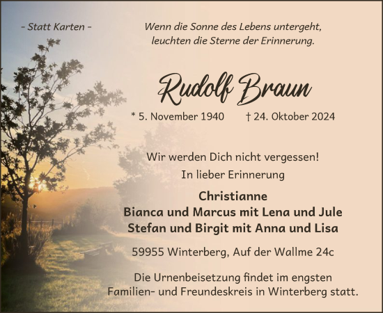 Traueranzeige von Rudolf Braun von WA