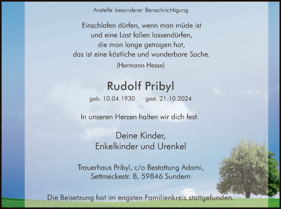 Traueranzeige von Rudolf Pribyl von WA