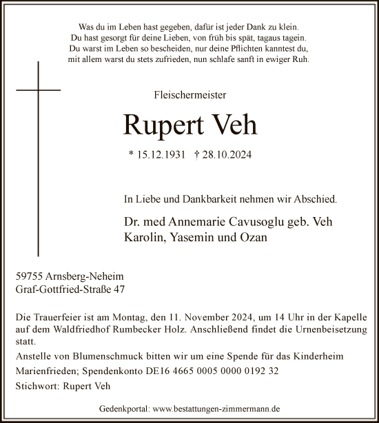 Traueranzeige von Rupert Veh von WA