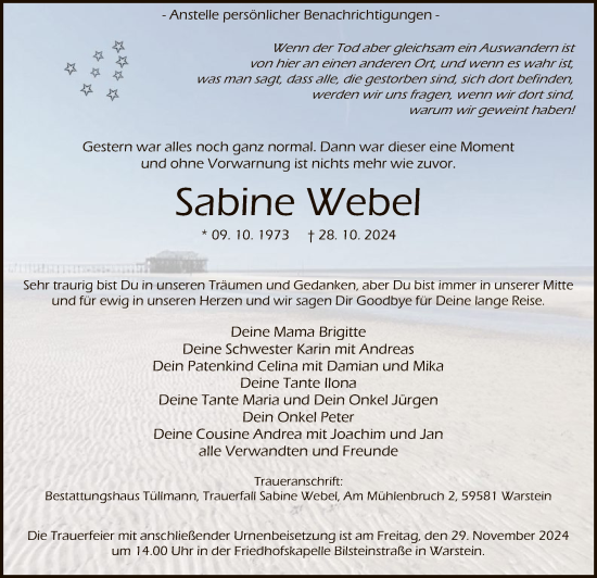 Traueranzeige von Sabine Webel von WA